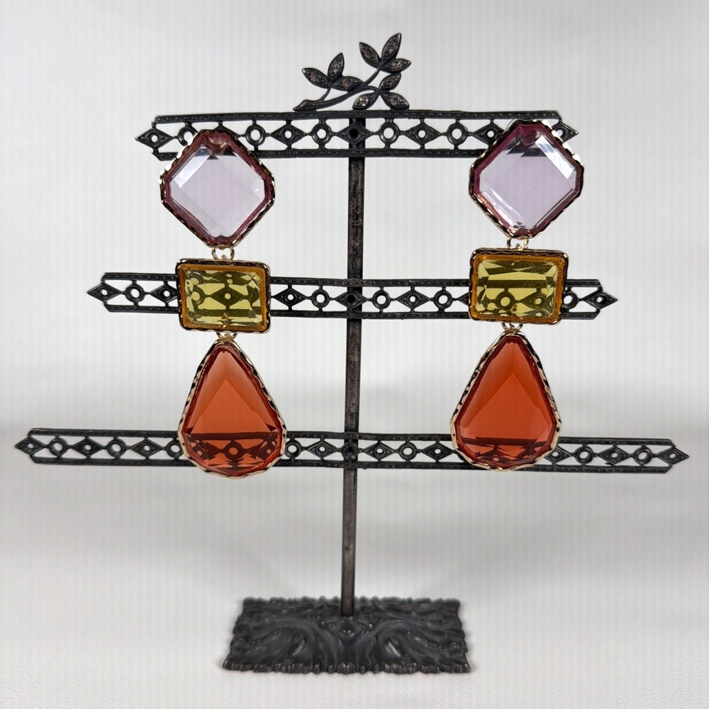 Geometric Statement Drop Earrings Pink Amber Orange Gold Tone Color Block Mod